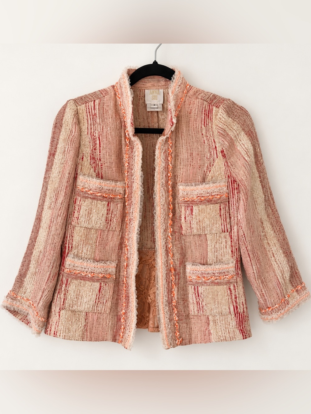Anna Sui Collectible Runway Peach Tweed Lace Trim Jacket – Size 2